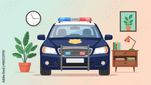 A police car is parked indoors next to furniture and plants