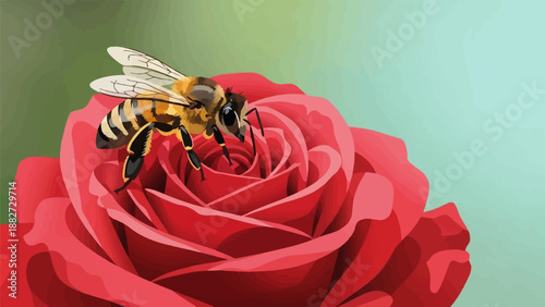 A close-up, illustrative view of a bee perched on a vibrant red rose