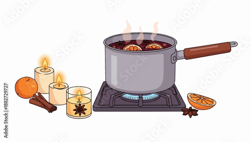 A pot of mulled wine simmers on a gas burner, with lit candles, oranges, and spices