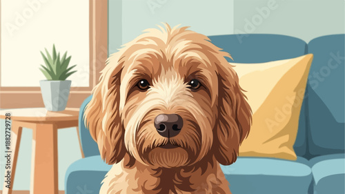 A fluffy golden dog sits on a blue couch next to a yellow pillow