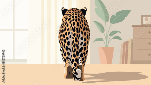 A leopard walks away from the camera in a well-lit room with a plant