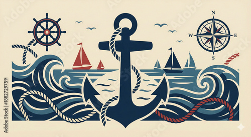 vector illustration of a sailing boat with anchor