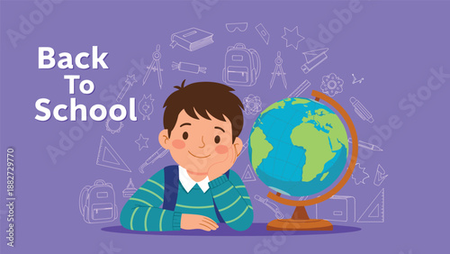 Cute schoolboy leans on his hand next to a world globe with Back To School text and school supplies sketches in the background.
