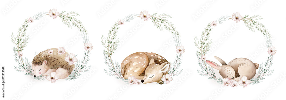 Obraz premium Watercolor cute sleeping baby fawn and bunny animal. Woodland nursery hedgehog and rabbit isolated illustration with floral wreath for children. watercolour forest deer drawing, floral image. 