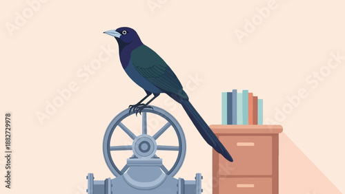 A dark bird rests on a valve wheel beside a file cabinet with books