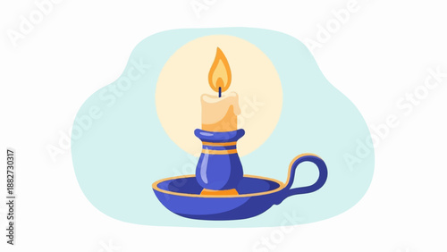 A lit candle in a decorative blue and gold candlestick on a light blue and yellow background