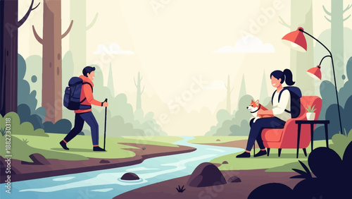 A person hikes in a forest while another relaxes with a dog