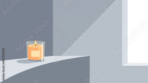 A lit candle in a glass jar sits on a shelf against a cool-toned, abstract background