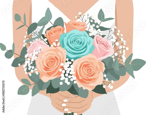 A person holding a bouquet of roses and eucalyptus