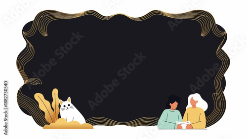A decorative frame with a cat and people reading, set against a dark background