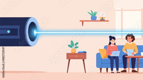 A futuristic device projects a bright blue beam across a minimalist room