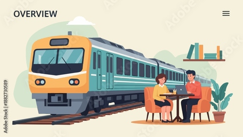 A train station setting features a train and two people working on laptops