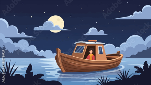 A person in a small boat sails on calm water under a starry night sky