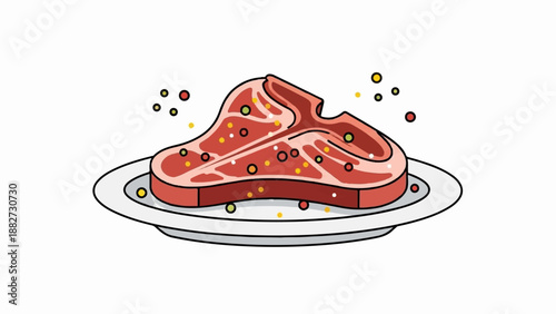 A raw T-bone steak seasoned with colorful peppercorns on a plate
