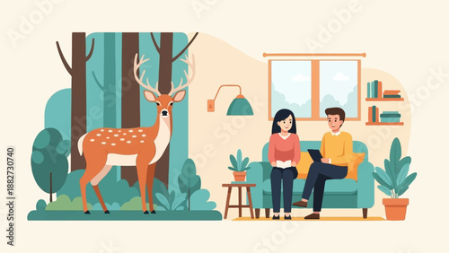 A deer stands in a forest next to a cozy living room with a couple