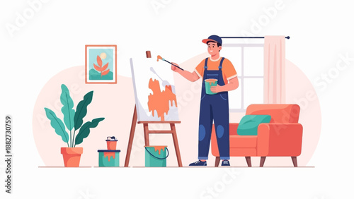 A person in overalls paints an abstract orange design on a canvas in a room