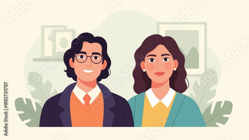A smiling man in glasses and a woman with curly hair stand together