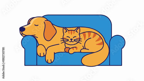 A ginger cat sleeps curled up on a golden dog on a blue sofa