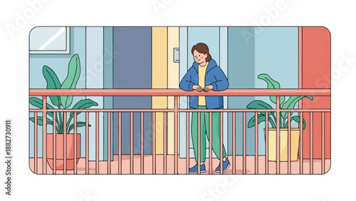 A person leans on a balcony railing amidst potted plants and colorful walls