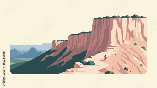 A lone traveler ascends a rocky path towards immense, layered canyon cliffs under a pale sky