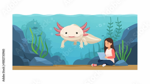A girl sits by an aquarium, a smiling axolotl floats nearby