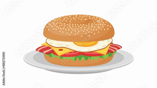 A delicious breakfast burger with bacon, egg, cheese, and vegetables on a bun