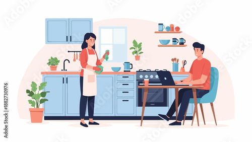 A couple in the kitchen, one cleaning while the other works on a laptop