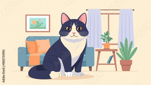 A tuxedo cat sits in a living room with a sofa and plants