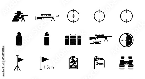 A clean and professional set of 15 black minimalist icons illustrating sniper and marksman concepts in a symbolic, non-violent style, arranged in a neat grid layout.