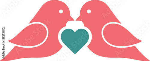 Two charming stylized pink birds gently touch beaks with a vibrant teal heart nestled between them symbolizing love affection and partnership on a clean white background.