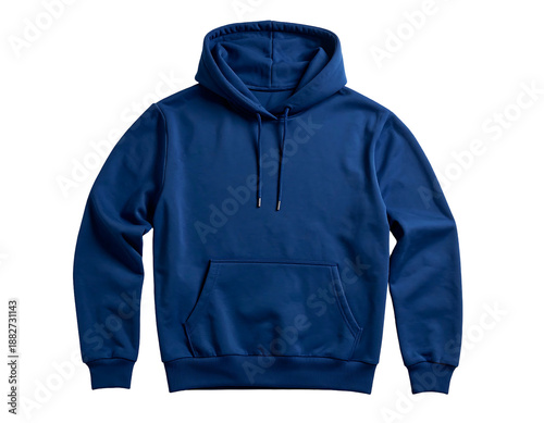 A navy blue, front-facing hoodie, isolated on a black background, with a pocket