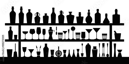 Elegant bar shelf silhouette with assorted liquor bottles cocktail glasses and bar tools in minimalist black and white for restaurant pub lounge advertising graphic design menu illustrations and sophi