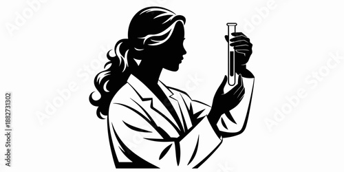 Elegant silhouette of female scientist analyzing liquid sample in test tube vector illustration for medical research pharmaceutical biotechnology industry science education healthcare presentation inn