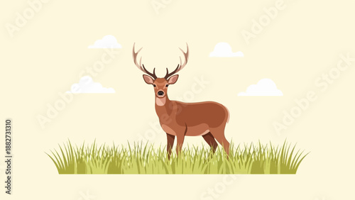 A majestic stag stands proudly in a field of green grass under a pale sky with clouds
