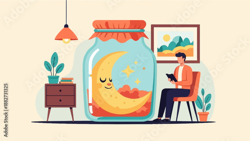 A person reads a book while a sleepy moon rests in a jar