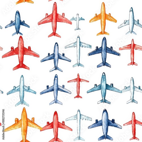 Watercolor seamless pattern of airplanes isolated on a white background.
