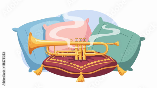 A golden trumpet rests on a luxurious pillow, surrounded by soft cushions