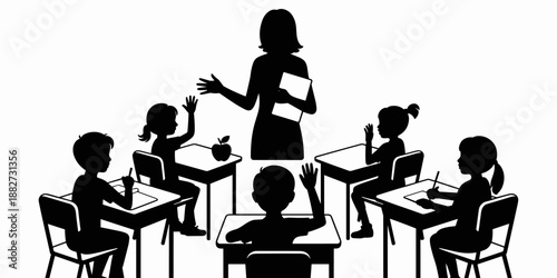 Silhouetted teacher teaching students in classroom lesson with raised hands for questions in class elementary school education for children in learning environment back to school for presentation back