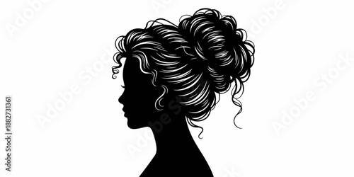 Elegant woman with curly hair silhouette in profile with modern hairstyle vector illustration for beauty salon branding fashion design cosmetics advertising feminine product packaging website graphic