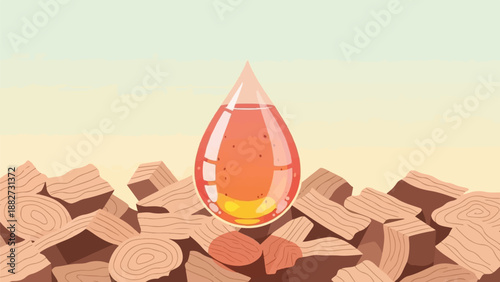 A golden-amber liquid droplet suspended over a pile of chopped wood