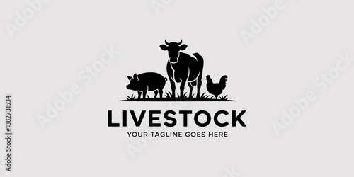 Livestock animals silhouette illustration featuring a cow pig and chicken standing together on a farm representing agriculture animal husbandry and rural lifestyle concept for food production and vete
