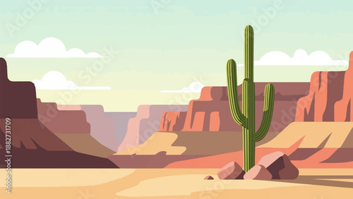 A solitary saguaro cactus stands tall amidst the vast, colorful desert canyons