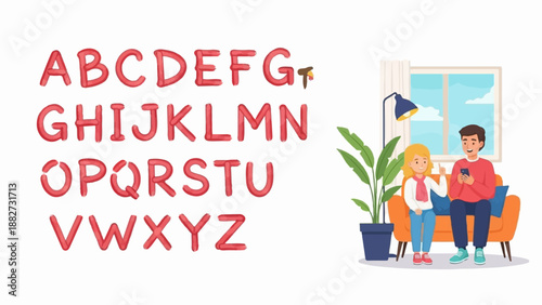 A couple relaxes on a sofa, with an alphabet display nearby