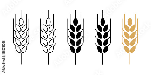Stylized wheat ears icon set in black outline and gold color wheat grain harvest design element for agriculture farming organic food packaging logo design healthy eating bakery products natural ingred