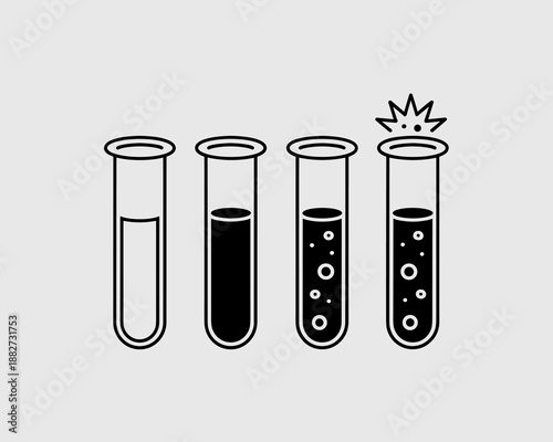 Laboratory test tubes showing experiment progression with bubbles and reaction chemical analysis in science lab vector illustration for medical research pharmaceutical development educational science