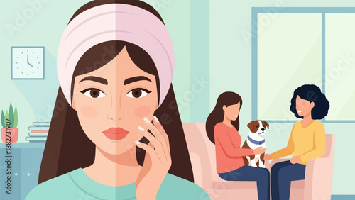 A split view one side shows a woman's face with a head wrap, the other side shows a cozy scene with people and a dog