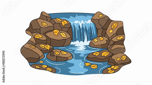 A charming cartoon waterfall cascades over rocks adorned with autumn leaves