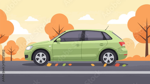 A green car drives past autumnal trees and fallen leaves