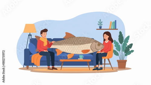 A couple sits indoors on a sofa and chair next to a giant fish