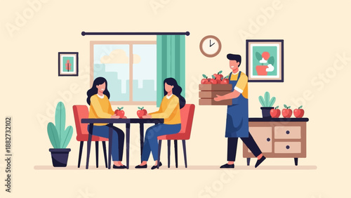 A man delivers apples to two women sitting at a table in a bright room